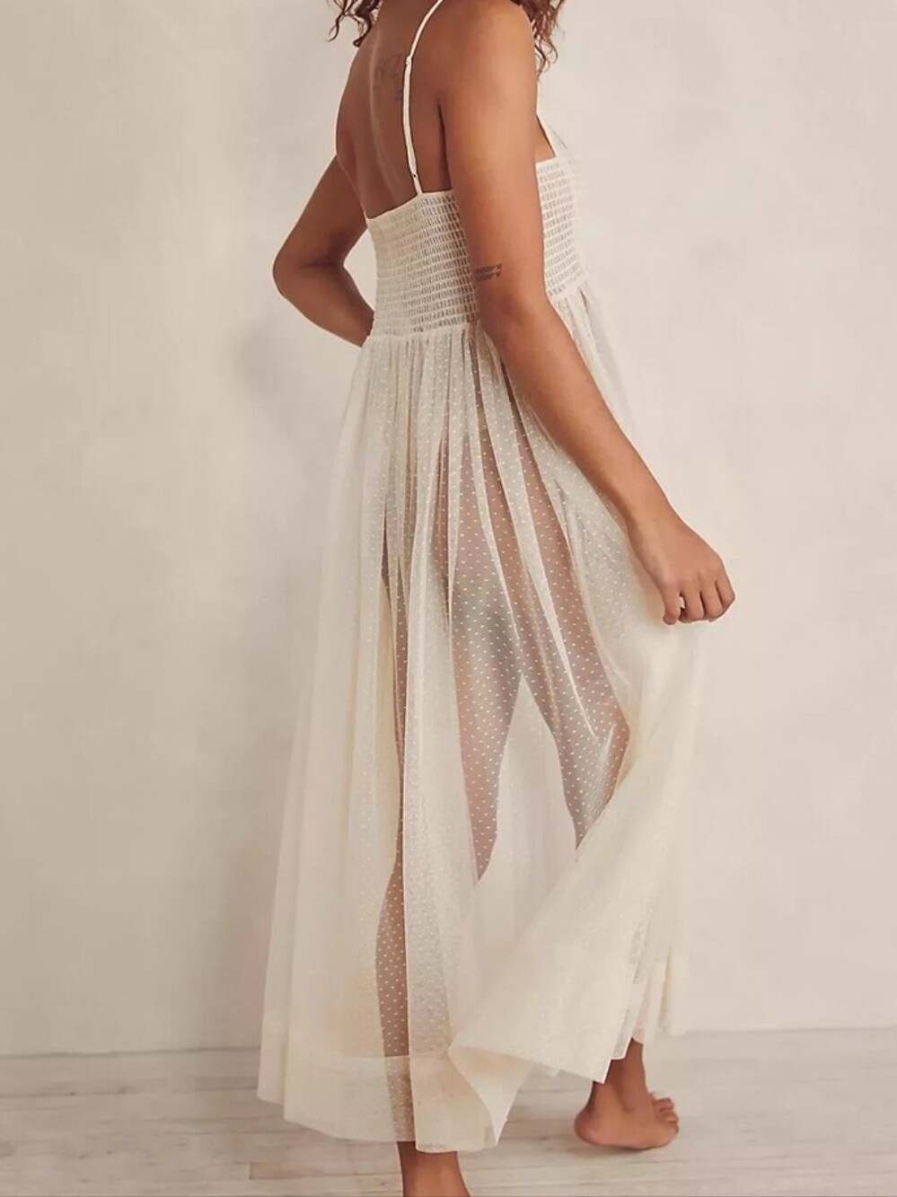 Free People Sheer Cream Smocked Mesh Maxi Slip Dress
